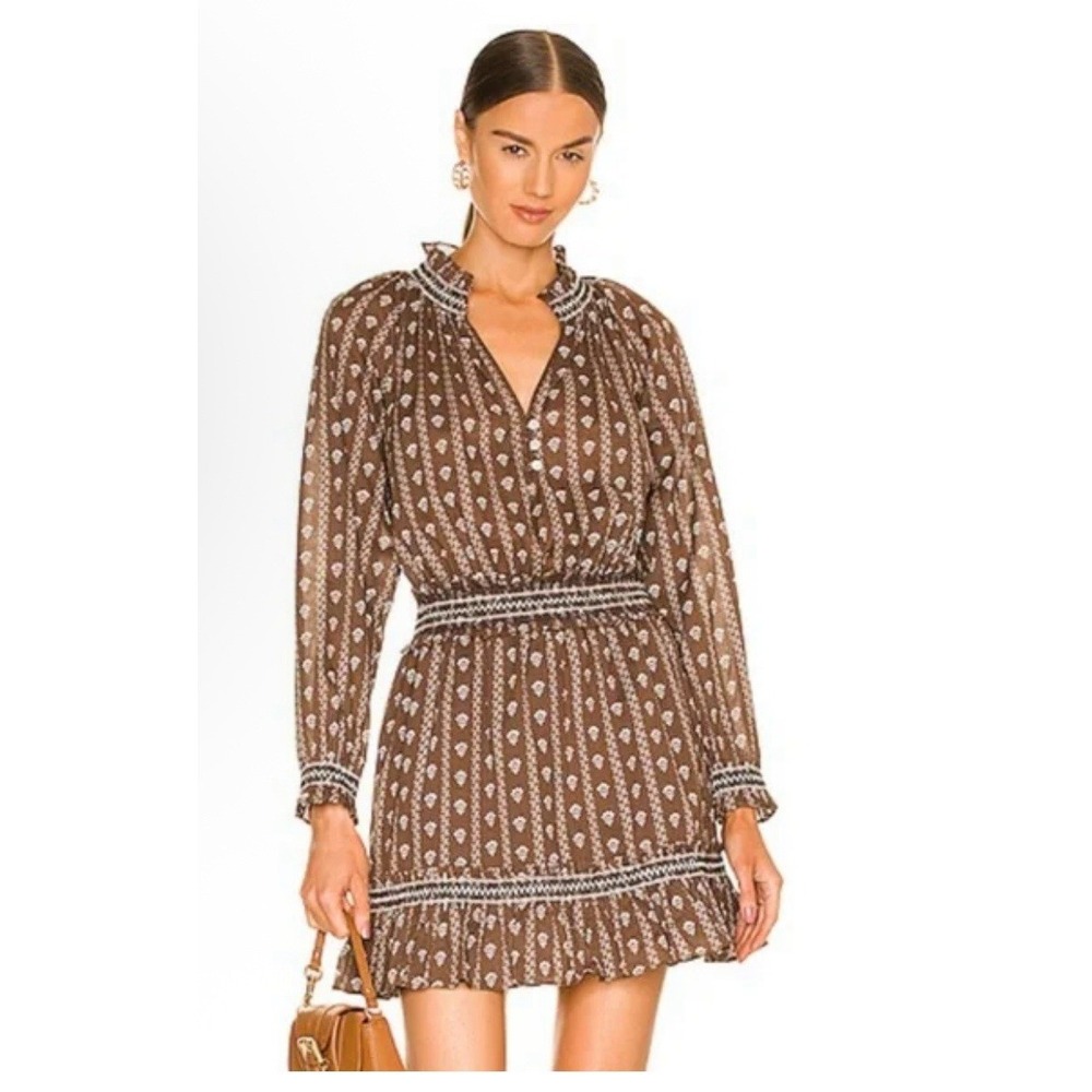 Veronica Beard Brown Printed Long-Sleeve Mini Dress